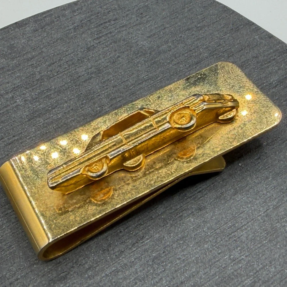 Gold Tone Classic Car Money Clip Raised Automobile Motif Collectible Mens Gift